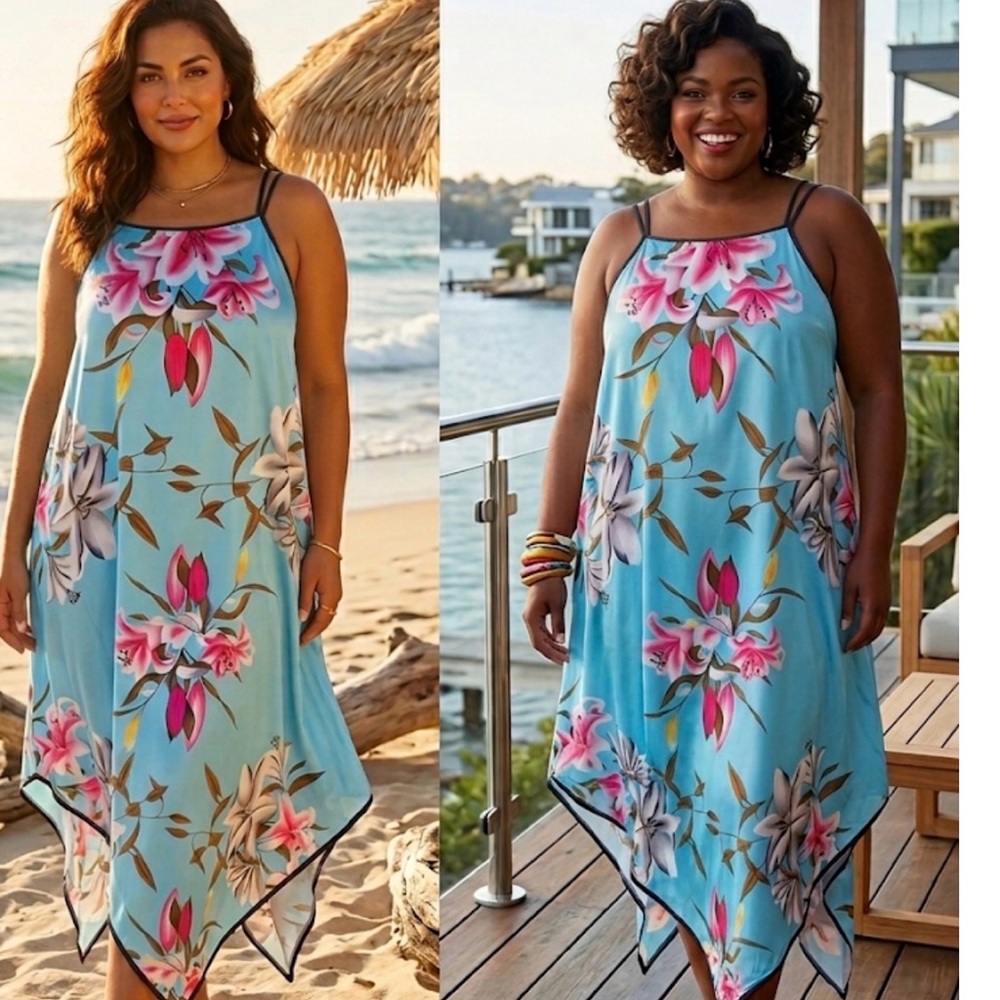 Light Blue Floral Handkerchief Hem Swim Cover-Up Dress